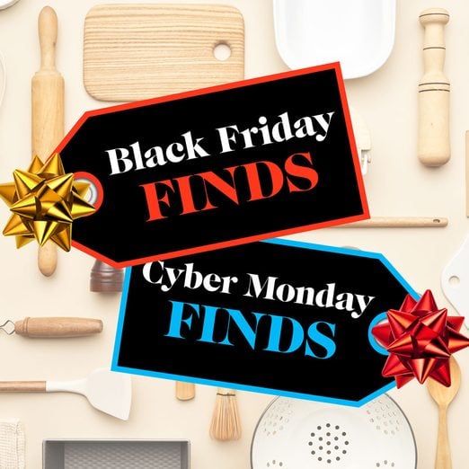 Various Modern Kitchenware background with gift tags overlay. the first gift tag reads, 